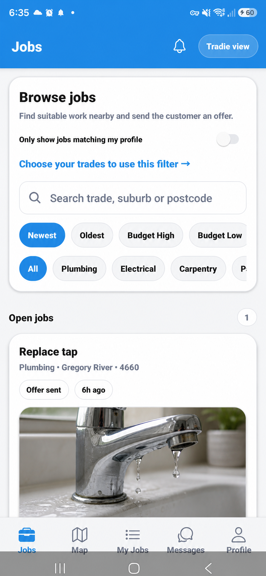 Local jobs in the Tradie Marketplace app